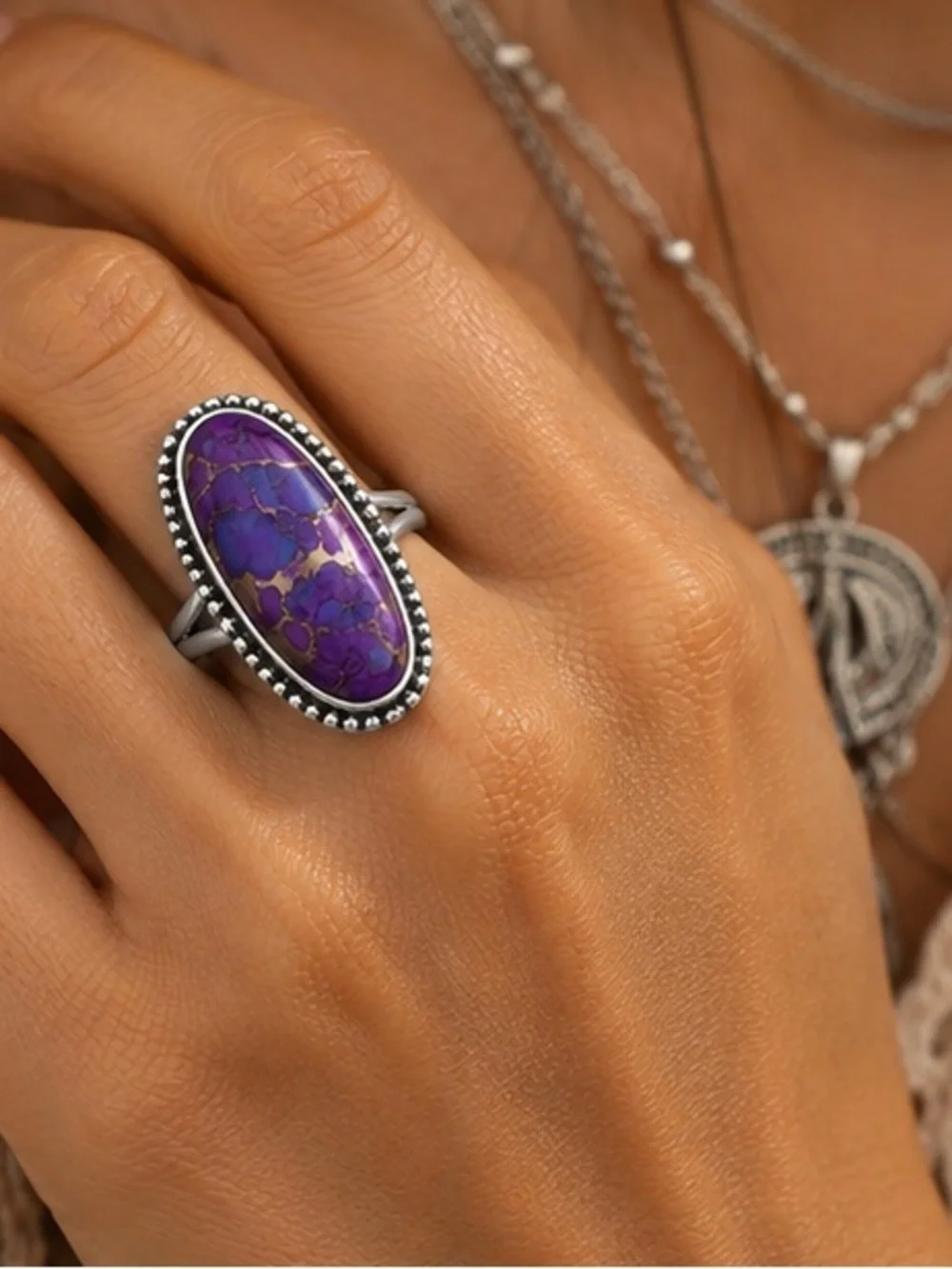 Purple Turquoise Statement Ring Silver Tone Oval Size 6